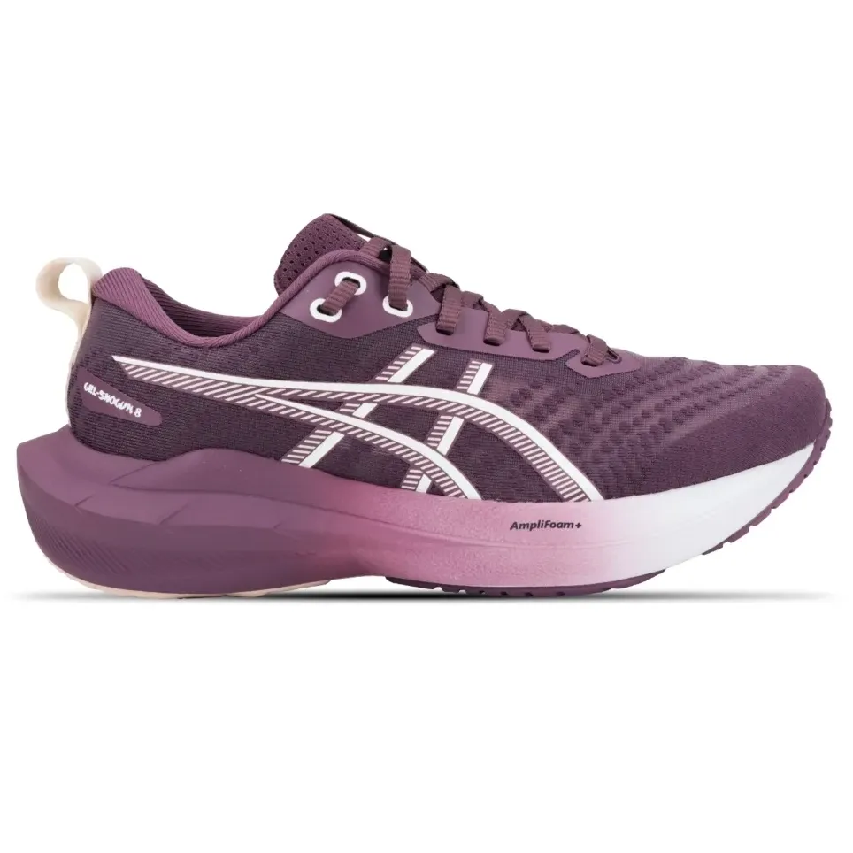 Tênis de corrida feminino Asics Gel-Shogun 8 roxo com detalhes em branco e sola rosa vista frontal